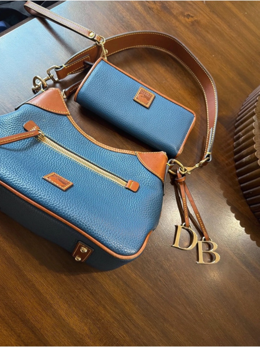Dooney & Bourke Blue Pebbled Leather Shoulder Bag with Tan Trim and Wallet